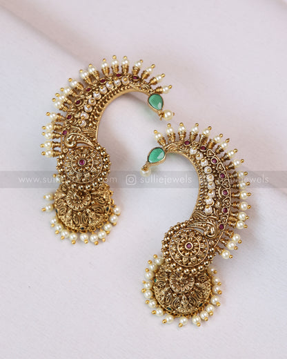 E1157 - Flower Gold Lakshmi Pearl Ear Cuff Jhumka
