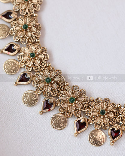 3775 - Sullie Basic Floral Ruby Palakka Coin Necklace with Stud