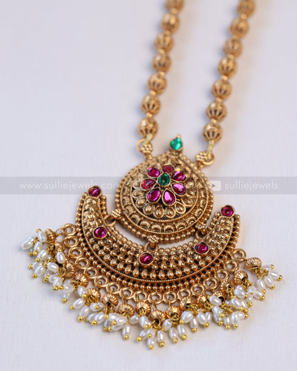 6044 - Sullie Basic - Gold Chandbali Floral Gold Beads Pendant with Jhumka