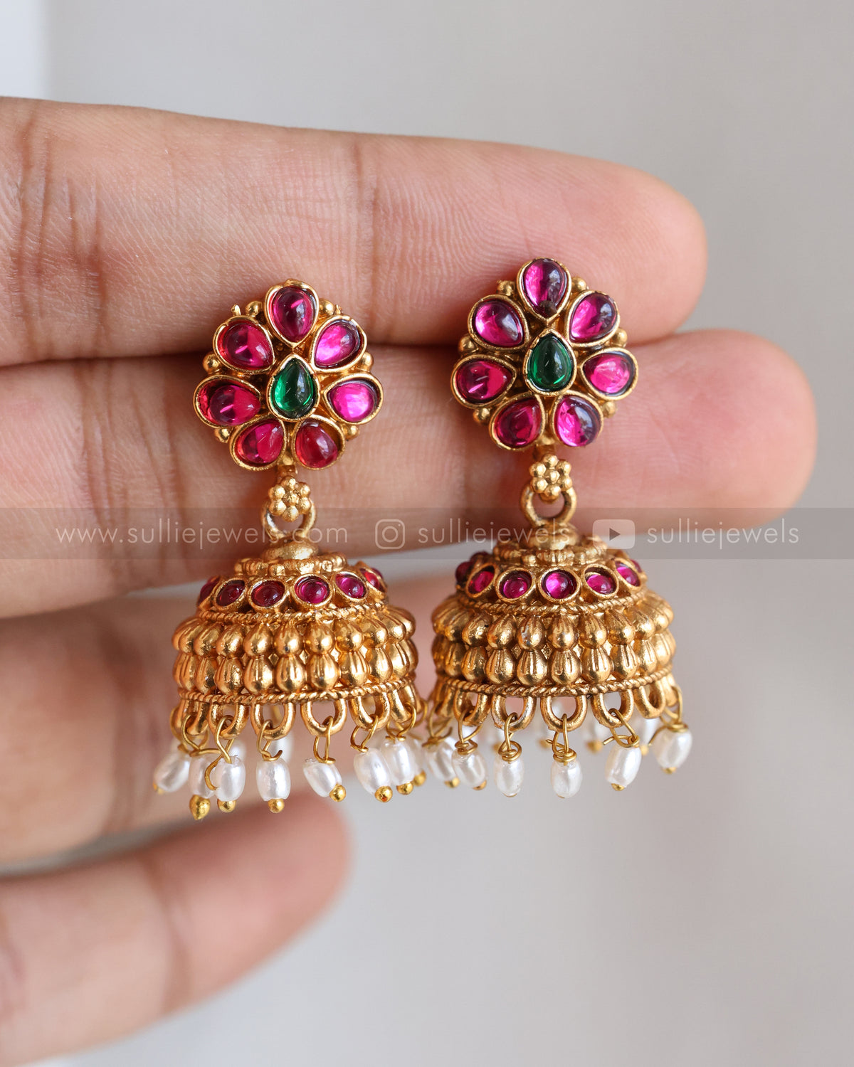 6044 - Sullie Basic - Gold Chandbali Floral Gold Beads Pendant with Jhumka