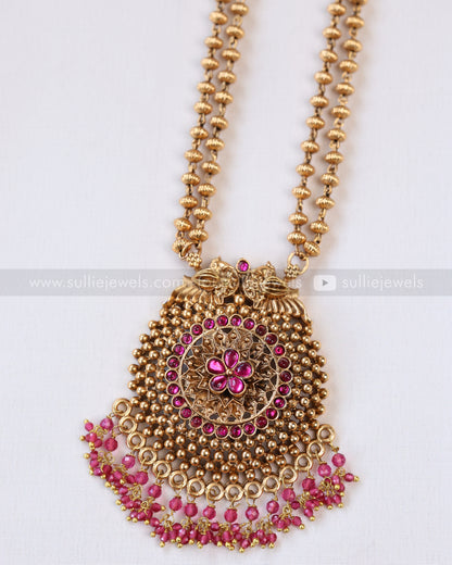 6041 - Sullie Basic - Ruby Flower Two Layered Gold Beaded Pendant with Jhumka
