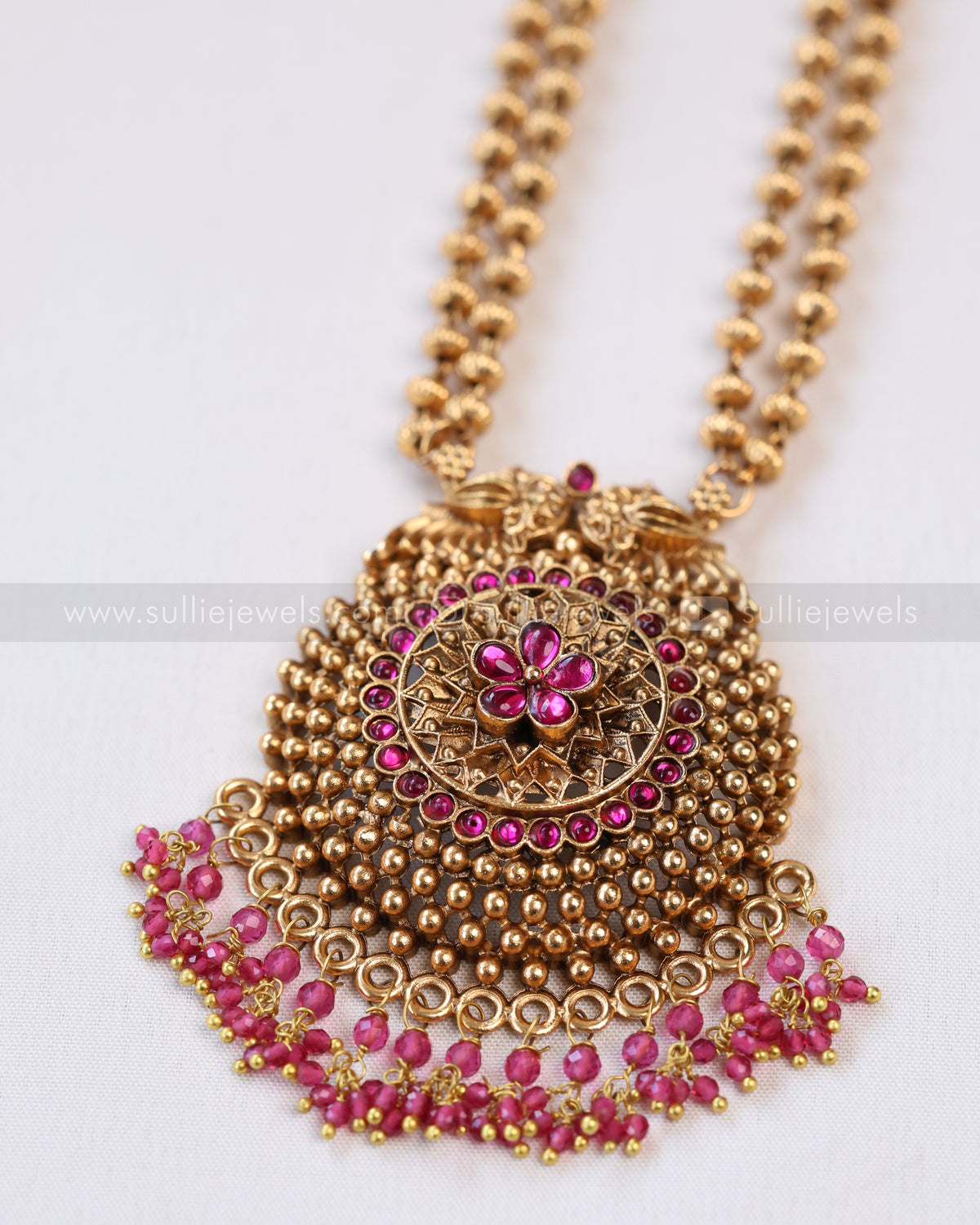 6041 - Sullie Basic - Ruby Flower Two Layered Gold Beaded Pendant with Jhumka