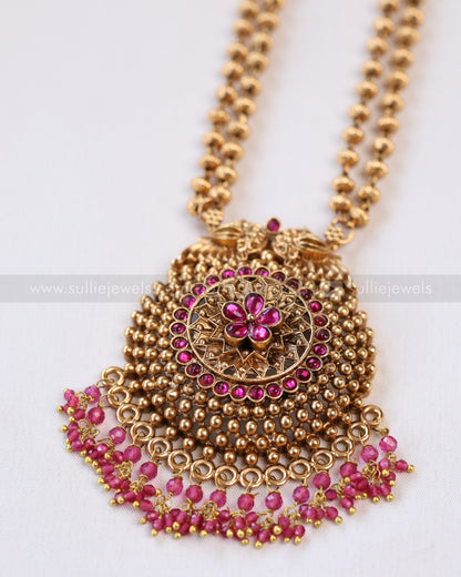 6041 - Sullie Basic - Ruby Flower Two Layered Gold Beaded Pendant with Jhumka