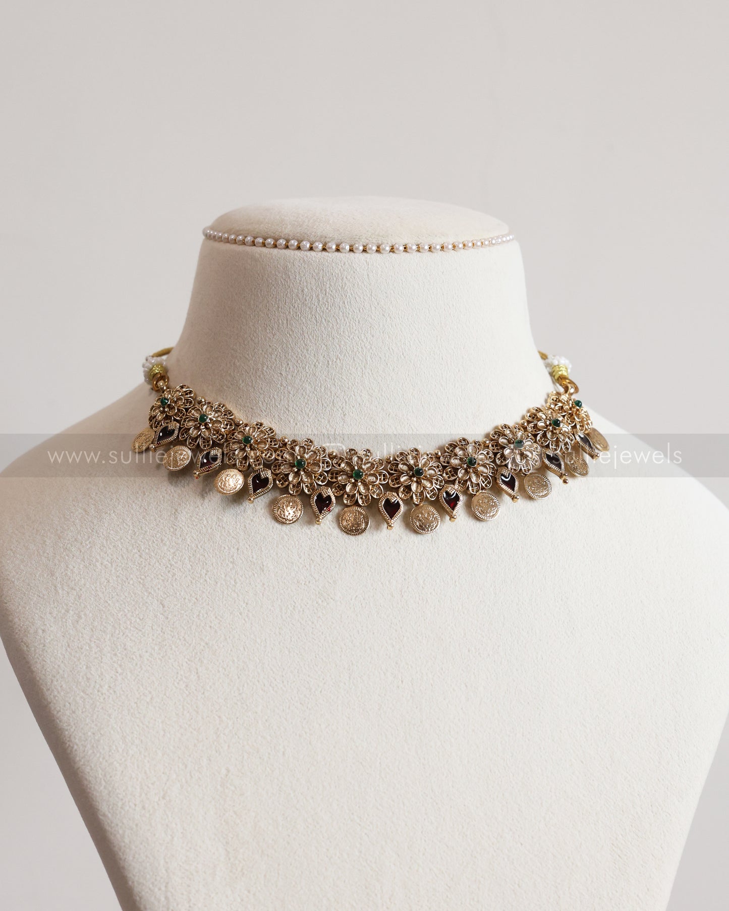 3775 - Sullie Basic Floral Ruby Palakka Coin Necklace with Stud