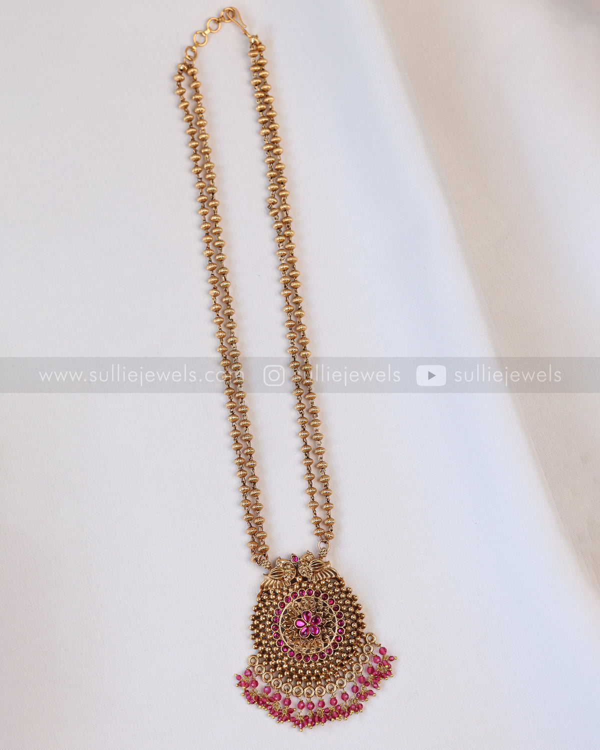 6041 - Sullie Basic - Ruby Flower Two Layered Gold Beaded Pendant with Jhumka