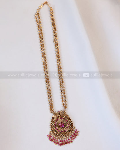 6041 - Sullie Basic - Ruby Flower Two Layered Gold Beaded Pendant with Jhumka