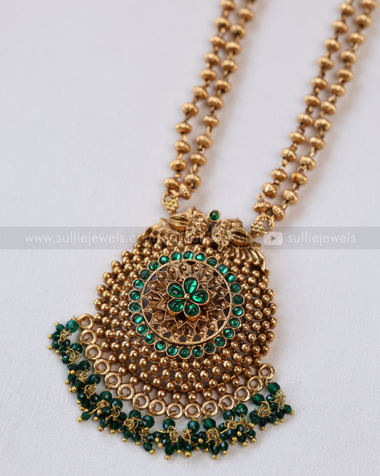 6042 - Sullie Basic - Green Flower Two Layered Gold Beaded Pendant with Jhumka