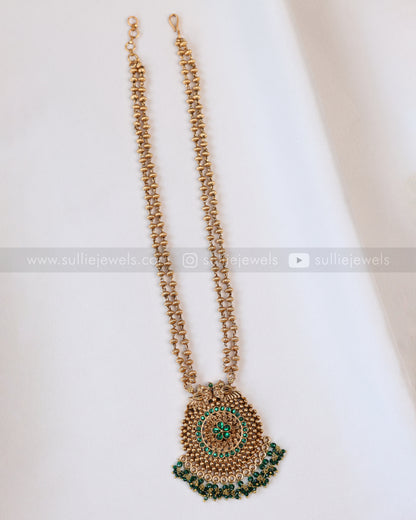 6042 - Sullie Basic - Green Flower Two Layered Gold Beaded Pendant with Jhumka