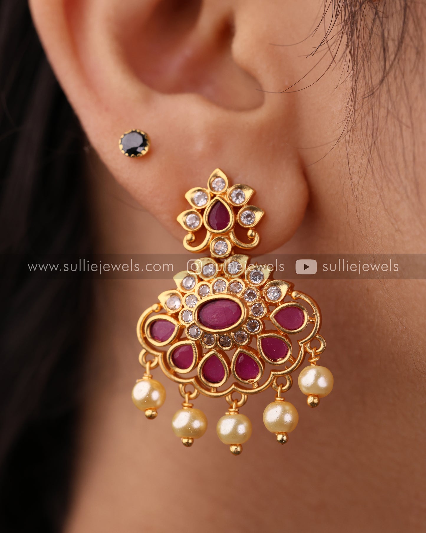 Ruby Stone Necklace Set with Pearl drops