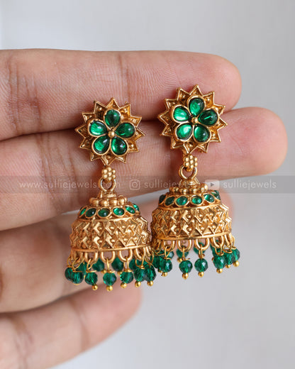 6042 - Sullie Basic - Green Flower Two Layered Gold Beaded Pendant with Jhumka