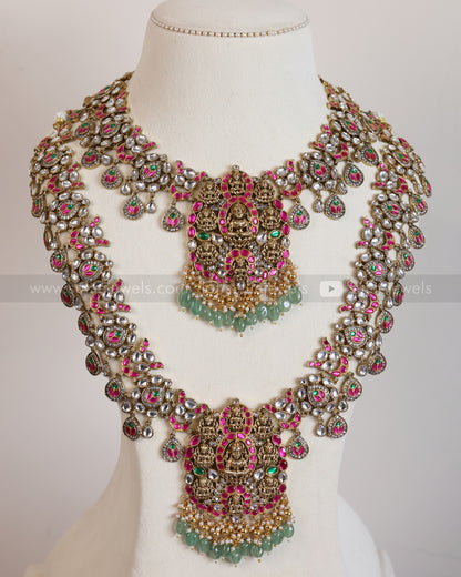 Premium Lakshmi Kundan Stone Work Mint Beads Bridal Combo ( 3 piece )
