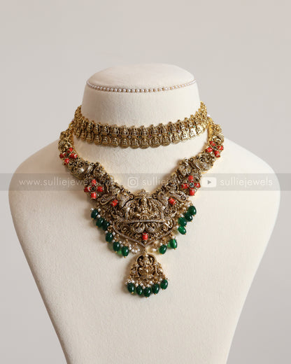 Lakshmi Antique Coin & Coral Stone Layered Combo with Earrings