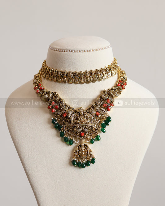 Lakshmi Antique Coin & Coral Stone Layered Combo with Earrings