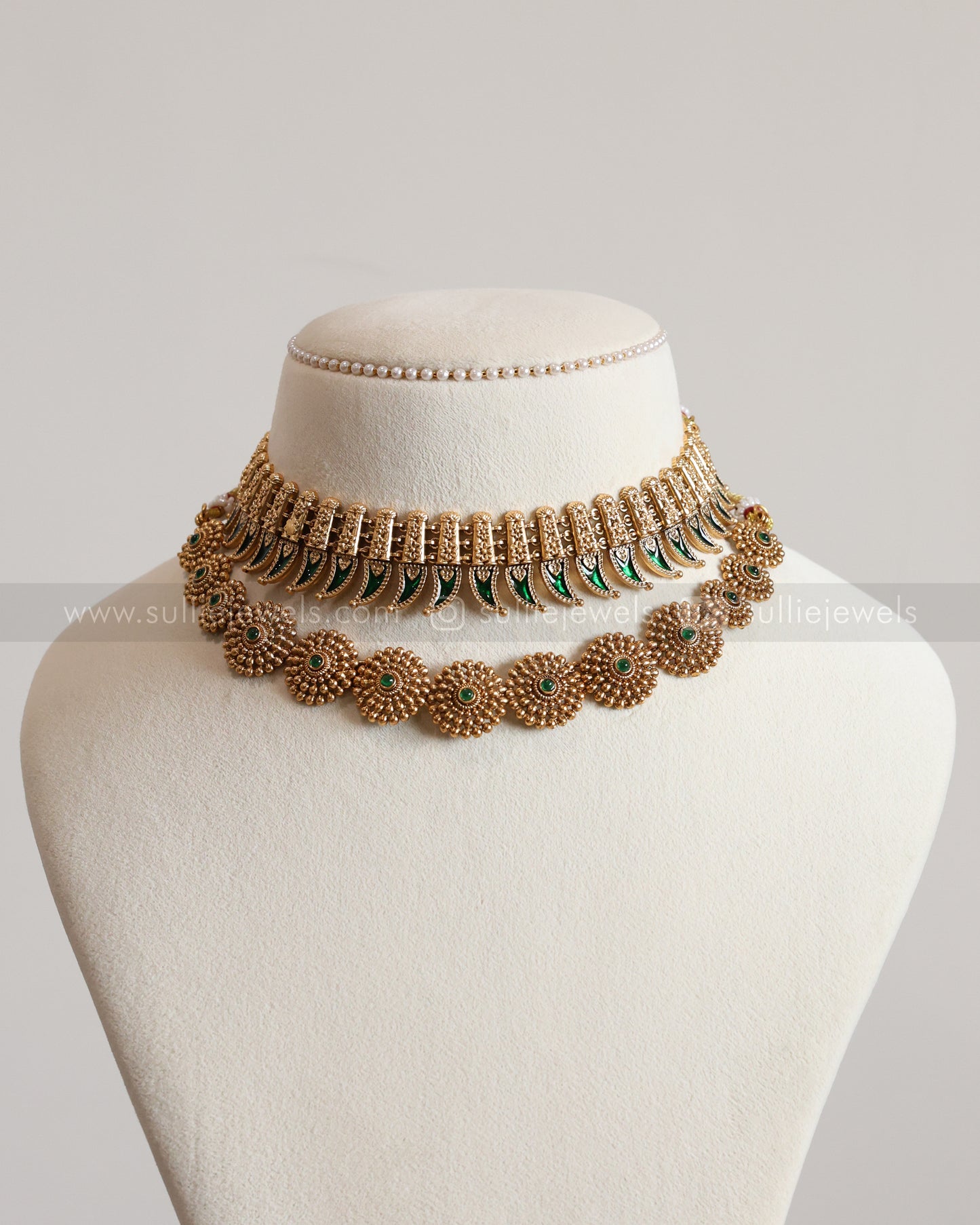 Sullie Basic - Green Palakka & Green Stone Floral Layered Combo