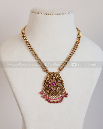 6041 - Sullie Basic - Ruby Flower Two Layered Gold Beaded Pendant with Jhumka