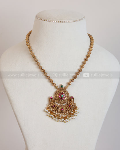 6044 - Sullie Basic - Gold Chandbali Floral Gold Beads Pendant with Jhumka