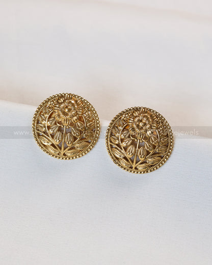 E1265 - Gold Floral Design Round Stud