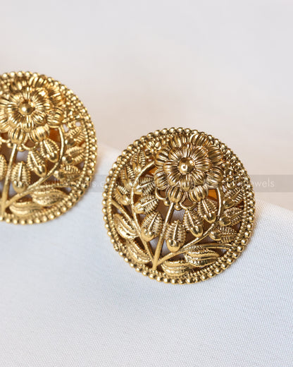 E1265 - Gold Floral Design Round Stud