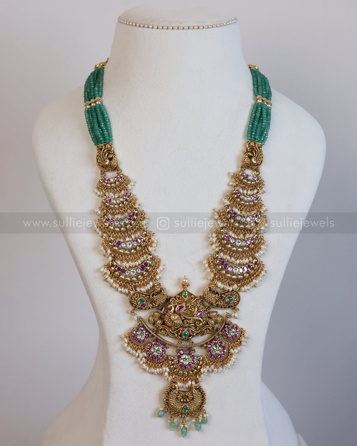 7195 - Premium Mint Onyx Beads No Idol Chandbali Design Long Chain / Haaram with Earring
