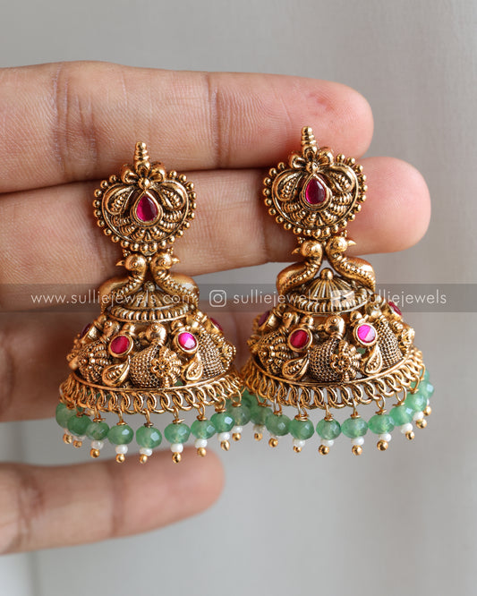 No Idol Premium Copper Gold Jhumka - Mint beads