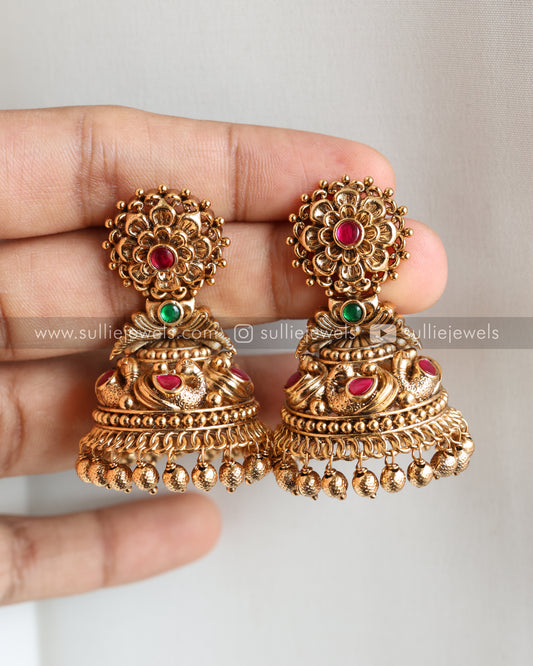 Premium Flower Copper Gold Jhumka - Gold beads