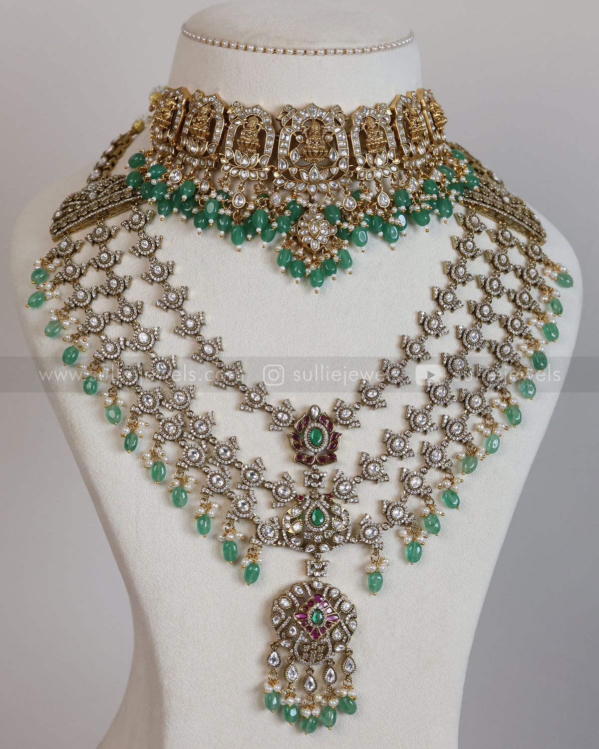 Premium Victorian & Jadau Mint Beads Bridal Combo ( 3 piece )