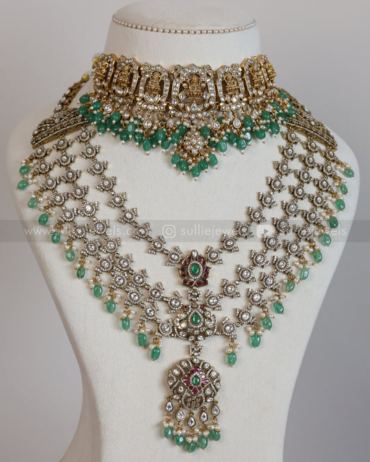 Premium Victorian & Jadau Mint Beads Bridal Combo ( 3 piece )