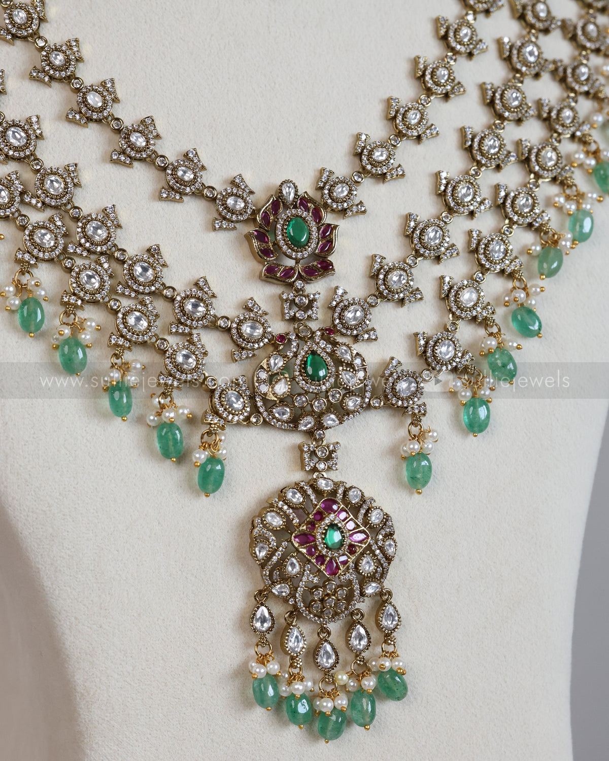 Premium Victorian & Jadau Mint Beads Bridal Combo ( 3 piece )