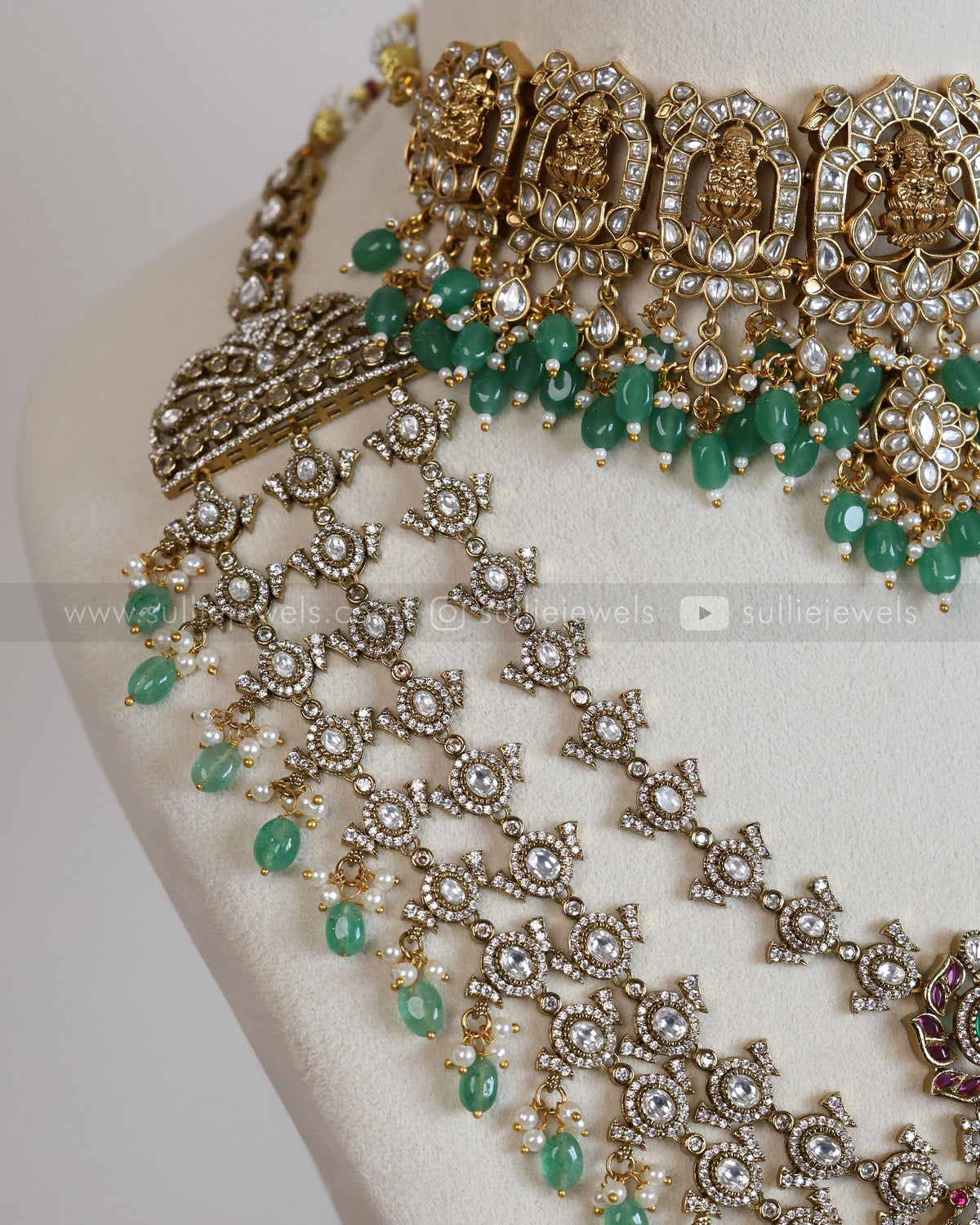 Premium Victorian & Jadau Mint Beads Bridal Combo ( 3 piece )