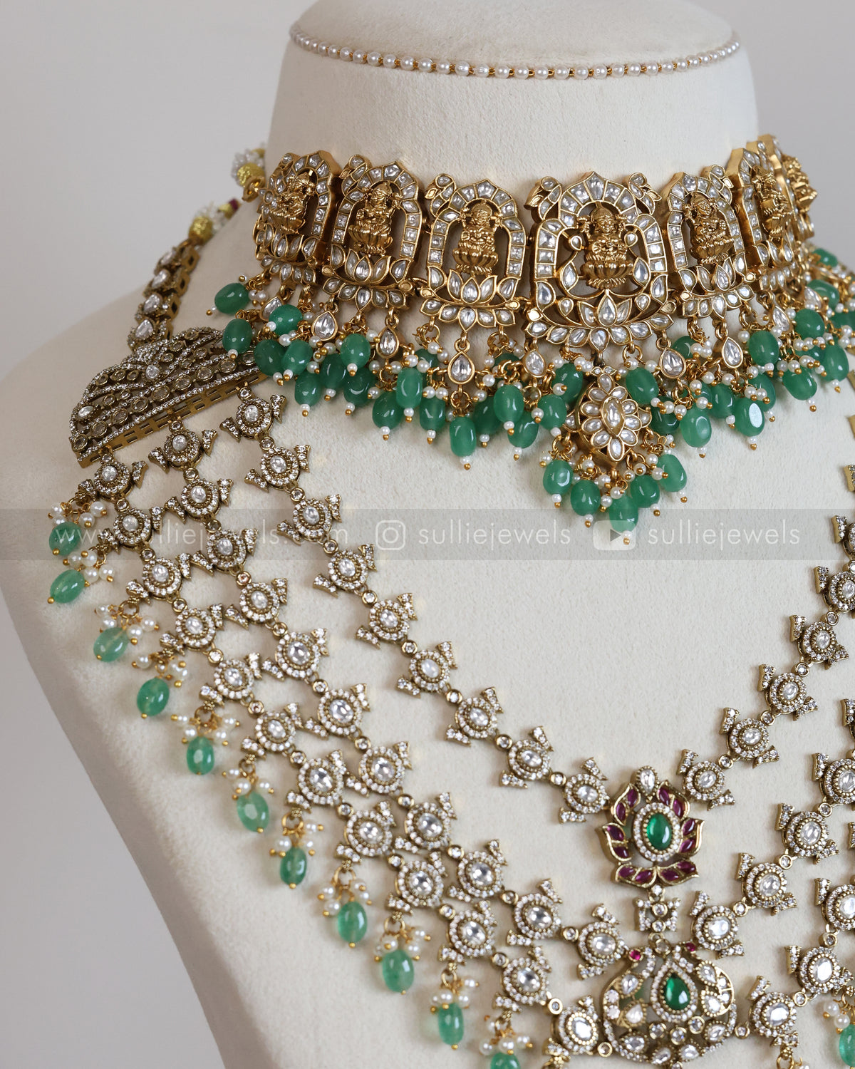 Premium Victorian & Jadau Mint Beads Bridal Combo ( 3 piece )