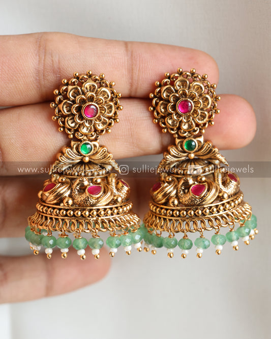 Premium Flower Copper Gold Jhumka - Mint beads