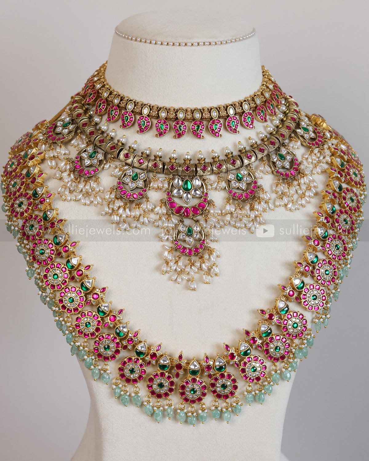 Premium Jadau Kemp Mint Beads Floral Bridal Combo ( 5 piece )