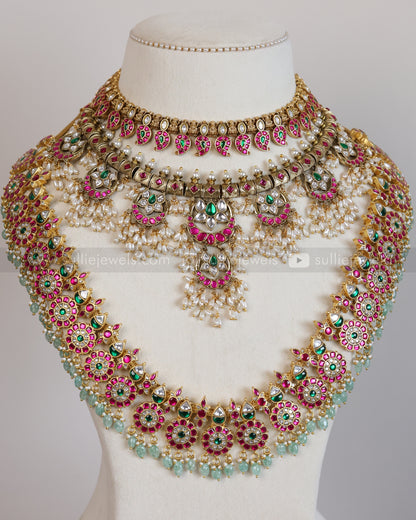 Premium Jadau Kemp Mint Beads Floral Bridal Combo ( 5 piece )