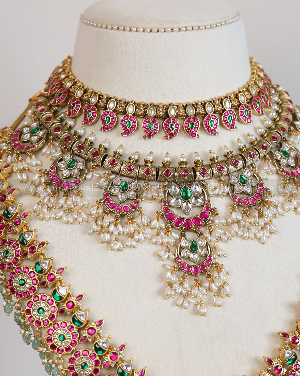 Premium Jadau Kemp Mint Beads Floral Bridal Combo ( 5 piece )