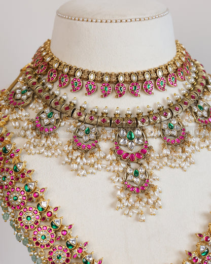 Premium Jadau Kemp Mint Beads Floral Bridal Combo ( 5 piece )