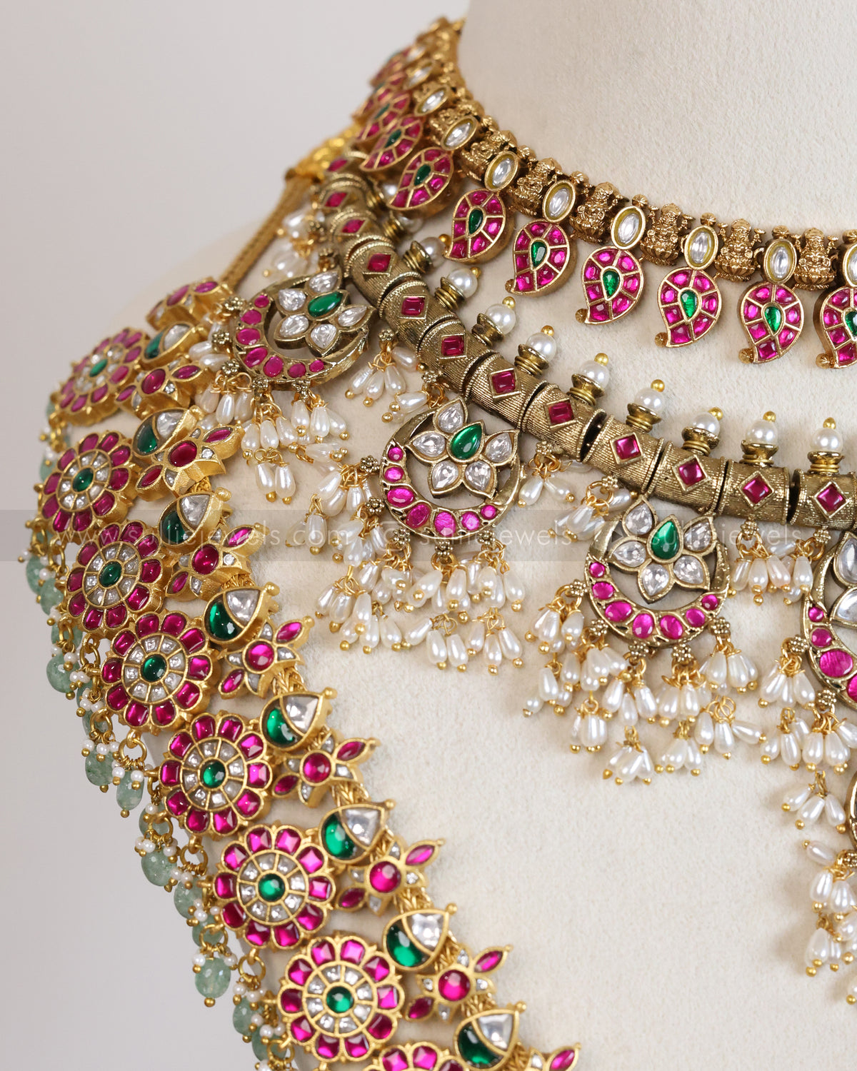 Premium Jadau Kemp Mint Beads Floral Bridal Combo ( 5 piece )