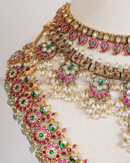 Premium Jadau Kemp Mint Beads Floral Bridal Combo ( 5 piece )