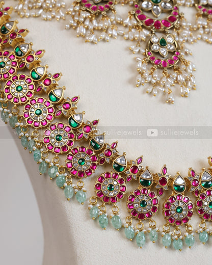 Premium Jadau Kemp Mint Beads Floral Bridal Combo ( 5 piece )