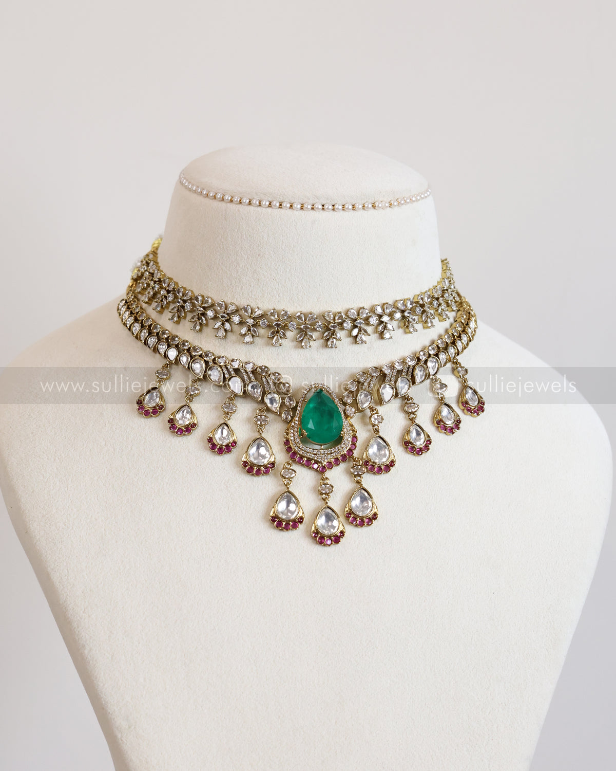 Victorian Green Stone & Polki Diamond Layered Combo