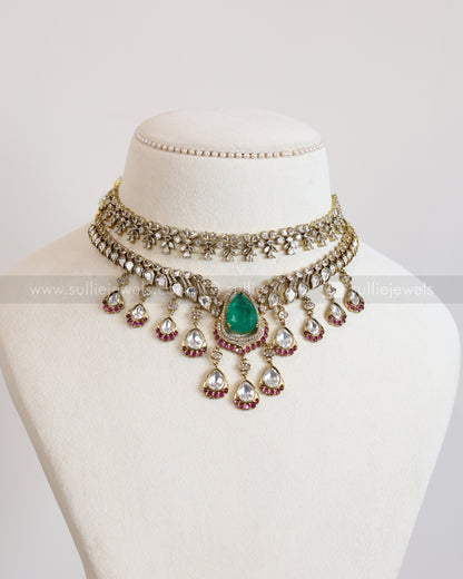 Victorian Green Stone & Polki Diamond Layered Combo