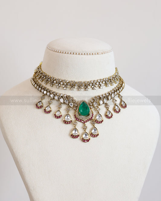 Victorian Green Stone & Polki Diamond Layered Combo