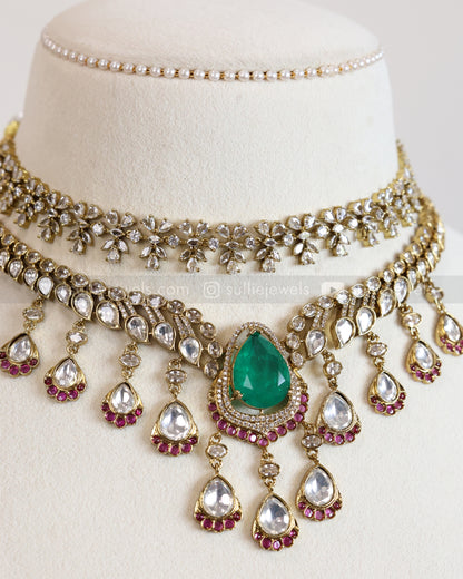Victorian Green Stone & Polki Diamond Layered Combo