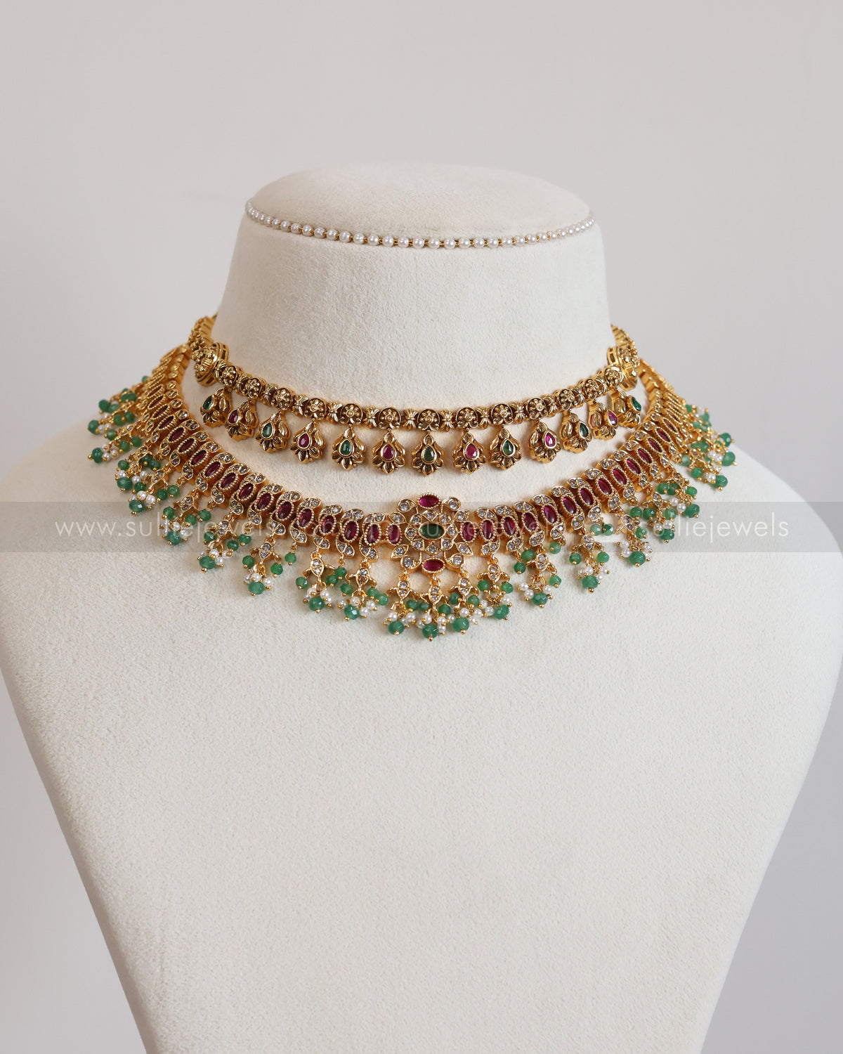 AD Premium Ruby Green Mint Beads Layered Combo