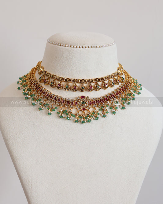 AD Premium Ruby Green Mint Beads Layered Combo