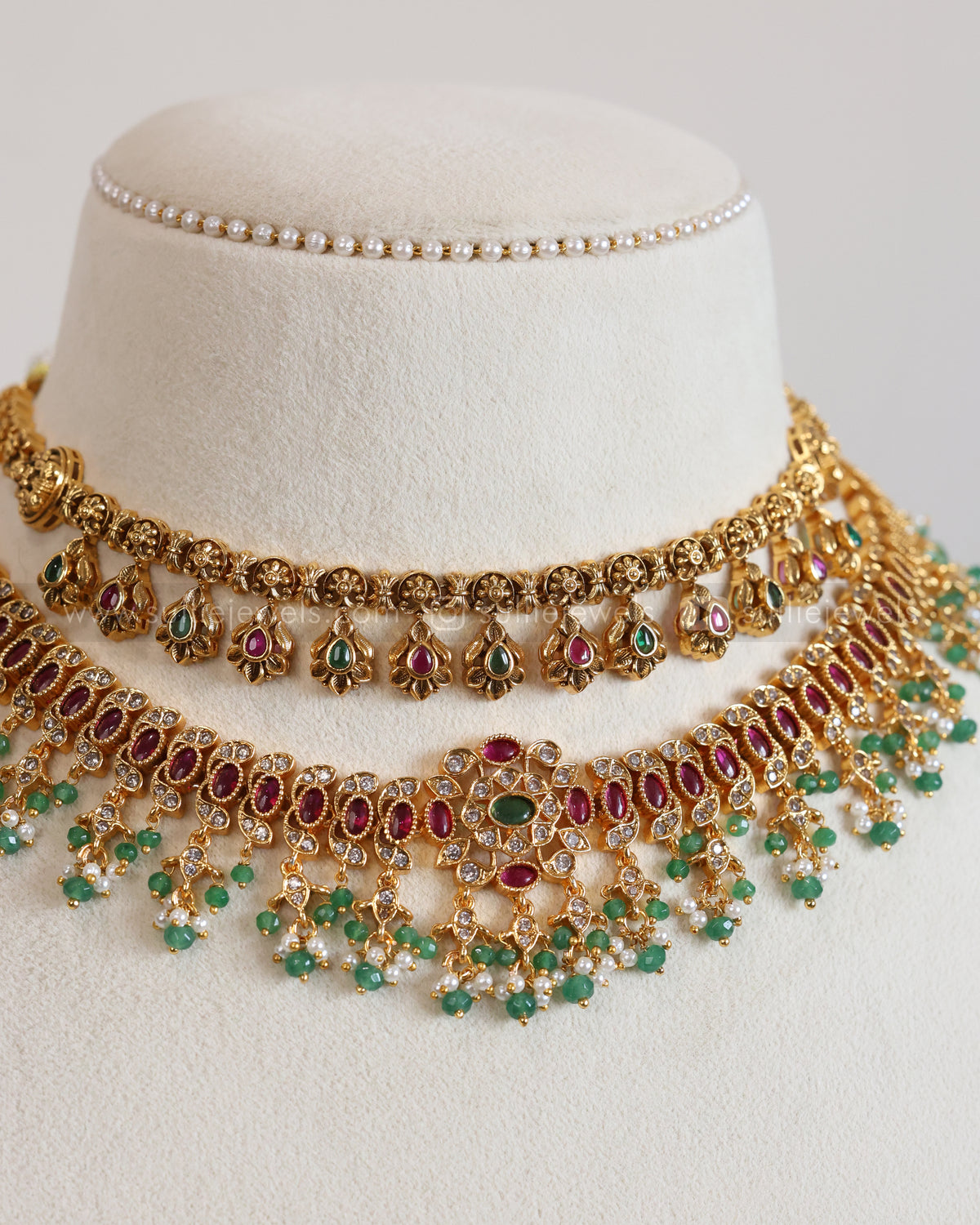 AD Premium Ruby Green Mint Beads Layered Combo