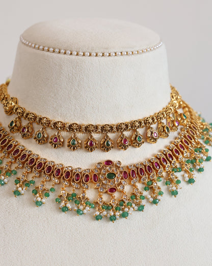 AD Premium Ruby Green Mint Beads Layered Combo