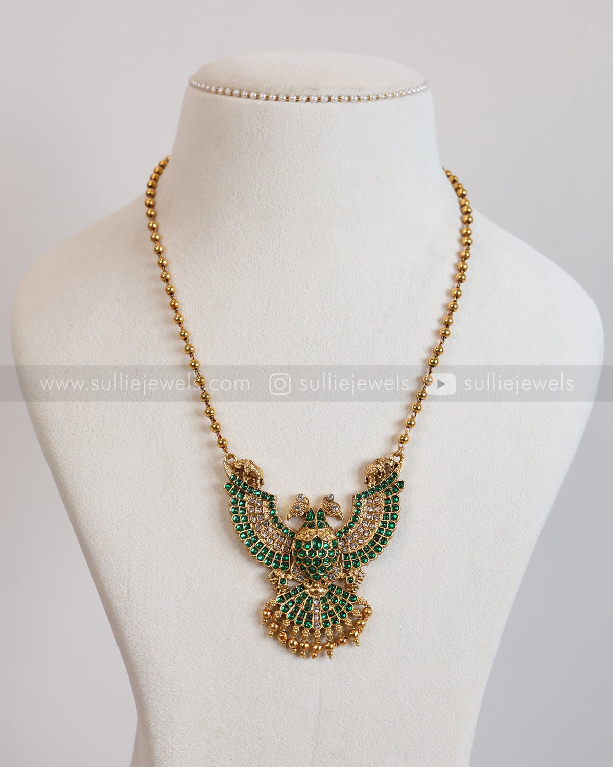 6072 - Sullie Basic - Two Headed Bird Pendant Gold Chain with Earring - Green