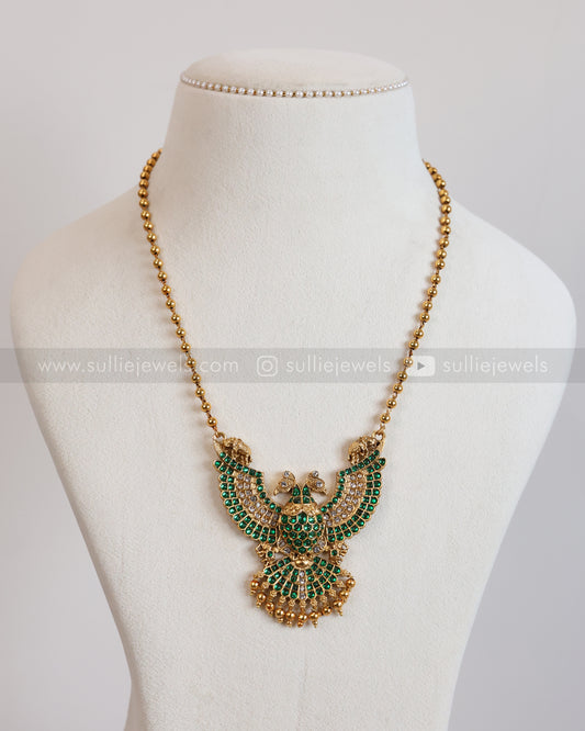 6072 - Sullie Basic - Two Headed Bird Pendant Gold Chain with Earring - Green