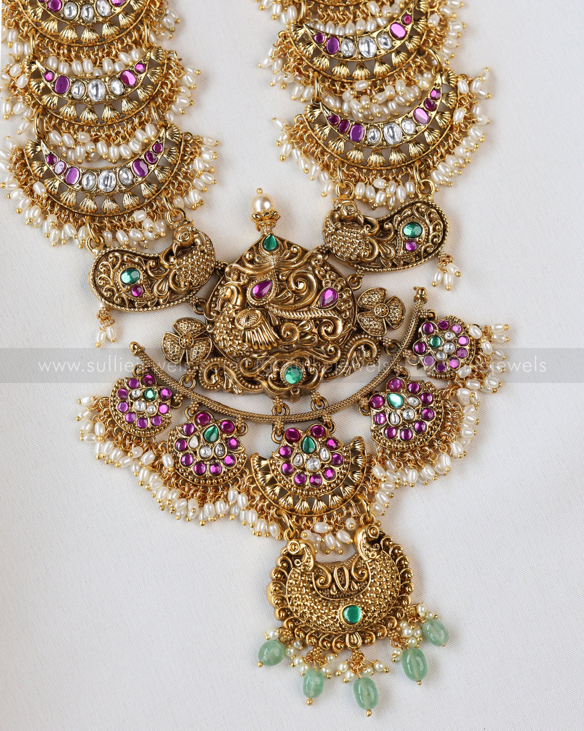 7195 - Premium Mint Onyx Beads No Idol Chandbali Design Long Chain / Haaram with Earring