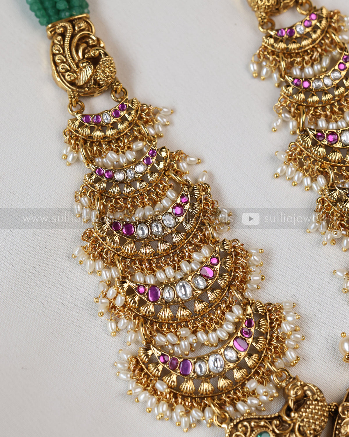 7195 - Premium Mint Onyx Beads No Idol Chandbali Design Long Chain / Haaram with Earring